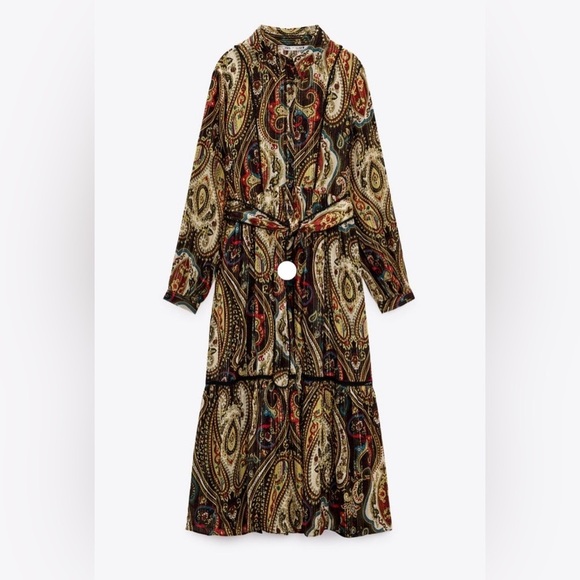 Zara Dresses & Skirts - Zara Alabama Belted Midi Shirt Dress Women’s Medium Gold Paisley Lurex Button Up